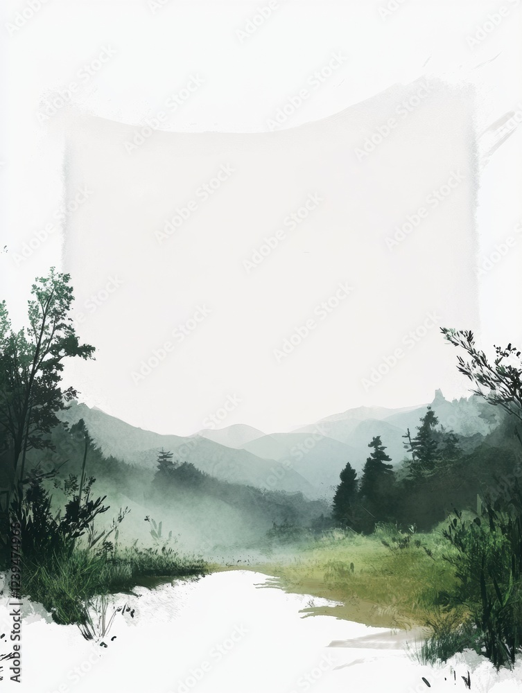 Poster tranquil pathway through misty mountains in the early morning light. generative ai
