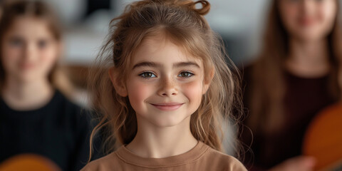 A young girl with brown hair and a smile on her face