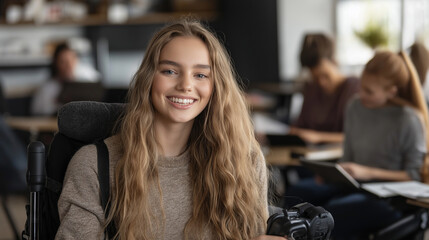 A girl with long hair is smiling and holding a camera