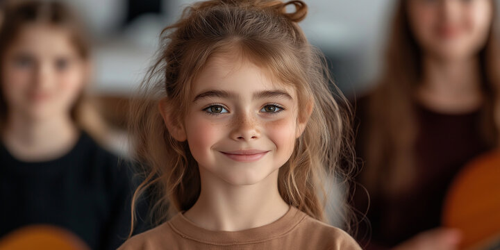 A young girl with brown hair and a smile on her face