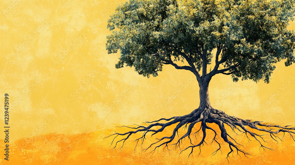 Poster tree with roots spreading into an orange and yellow background, symbolizing strength, growth, and co