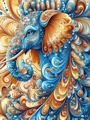 Fototapeta premium Colorful abstract illustration of an ornate blue elephant with intricate designs and patterns.