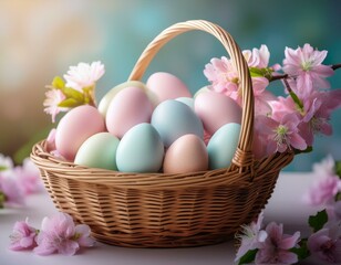 Naklejka premium a wicker basket filled with pastel colored easter eggs and pink flowers sits on a table concept of springtime celebration