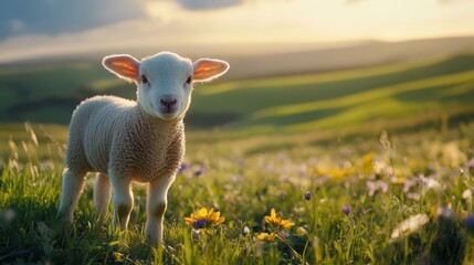 Fototapeta premium Adorable Lamb in a Sunlit Meadow with Blooming Wildflowers