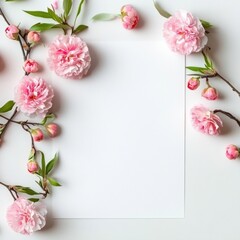 Fototapeta premium Floral arrangement with pink peonies and blank paper on white surface for creative styling and invitations. Generative AI