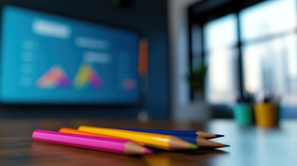 Colorful Pencils on Wooden Desk near Blurred Screen