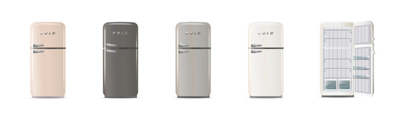 Modern fridges. Realistic coolers, refrigerators for home or restaurant kitchen and cold products storage. 3d Vector