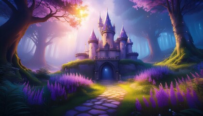a fairytale castle in a magical forest with purple flowers and a hazy glow