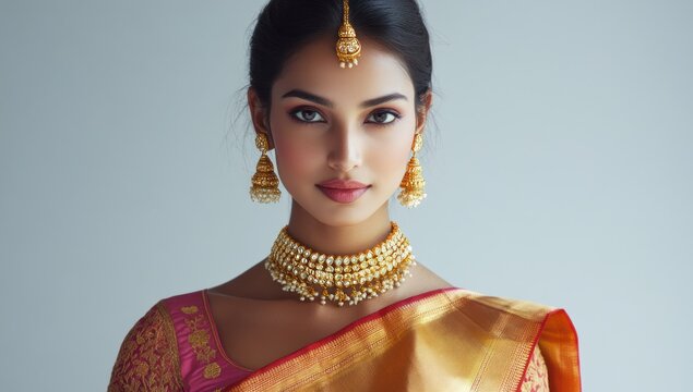 Stunning Indian Woman in Traditional Gold Jewelry and Saree