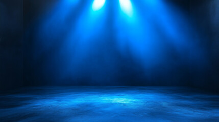 Fototapeta premium Escenario iluminado con luces azules en ambiente oscuro y brumoso.