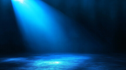 Escenario iluminado con luces azules en ambiente oscuro y brumoso.