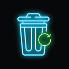 Glowing neon sign depicting recycling bin with recycle symbol on black background, concept of environmental sustainability and waste management