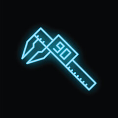 Glowing blue neon icon of a vernier caliper taking a measurement