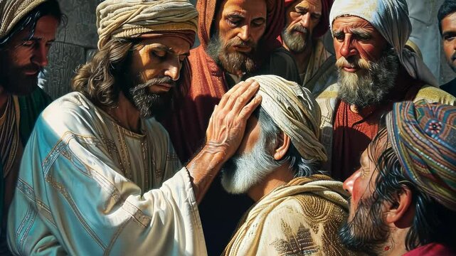 Spiritual vision: Jesus heals blind man , divine power, overcoming blindness, awakening of truth, sight beyond physical limits, deeper perception, transformative miracle, faith and enlightenment.