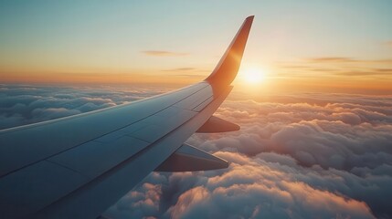Fototapeta premium Airplane window view, close-up of airplane wing and distant horizon, clouds visible