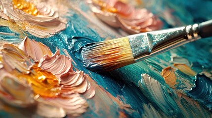 Fototapeta premium Art class painting, close-up of paintbrush on canvas, vibrant creative setting