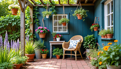 Obraz premium Charming garden corner with potted plants and wicker chair