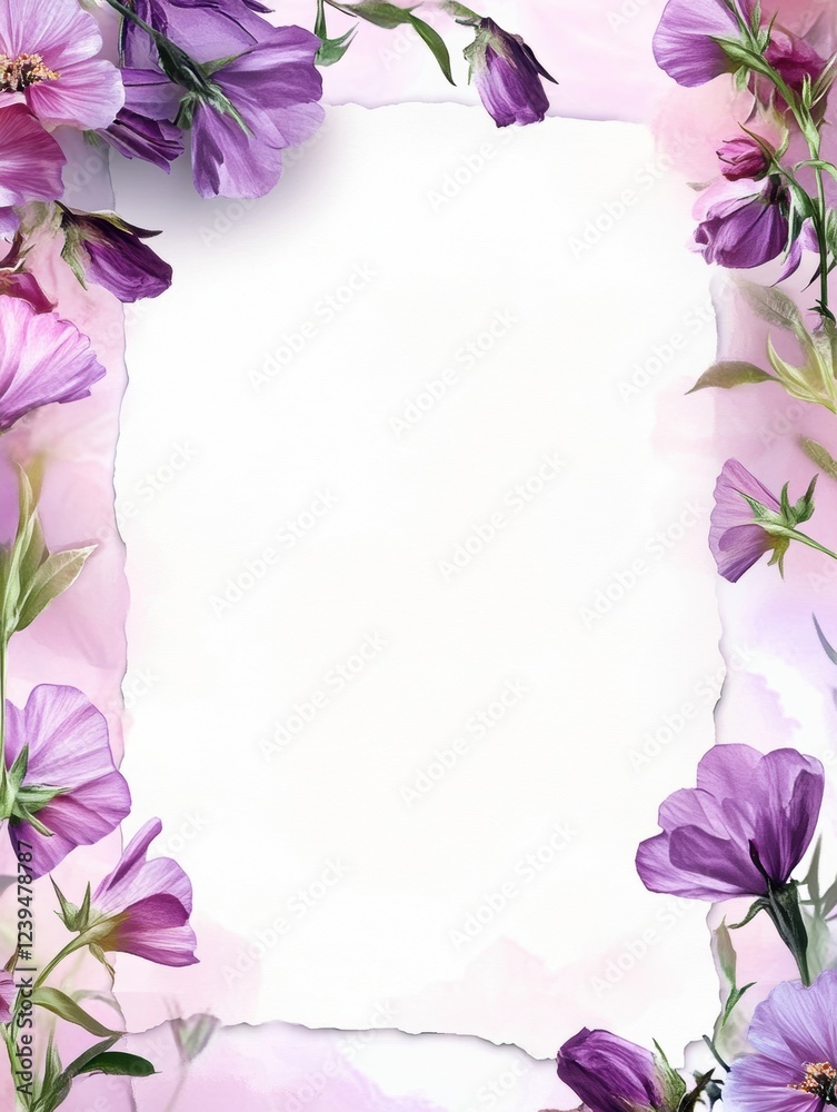 Leinwandbilder purple flowers frame a blank paper with a soft pink background for invitations or notes. generative 