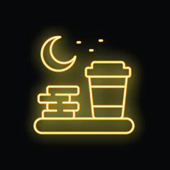 Yellow neon sign showing a coffee cup and cookies on a tray, with a crescent moon and stars in the background