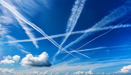 contrails from airplanes stretch across a bright blue sky with fluffy white clouds