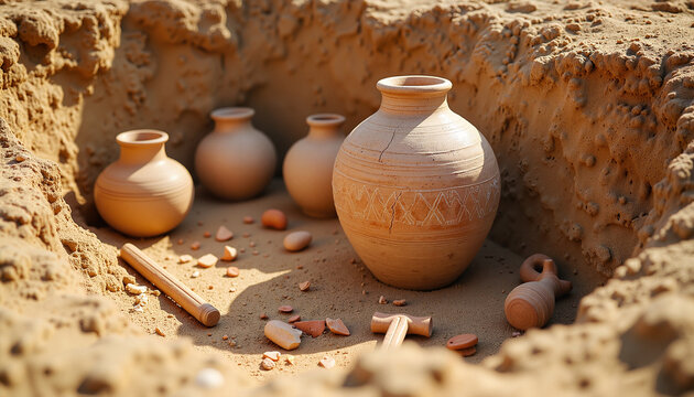 Ancient clay jars unearthed in sandy excavation site, cultural heritage