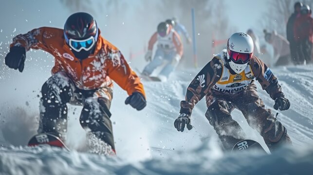 Snowboard cross race, athletes competing fiercely, intense focus