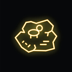 Bright yellow neon icon of a treasure map glowing on a dark background
