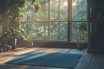 Fototapeta premium Yoga mat beside a home workspace for a person meditating