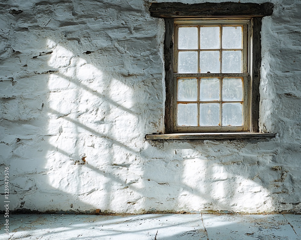 Poster sunlight streams through window in old stone room