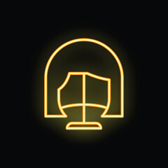 Yellow neon sign representing a woman wearing a face mask on a black background