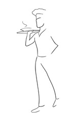 Linear full-length chef or waiter logo with hat and tray.