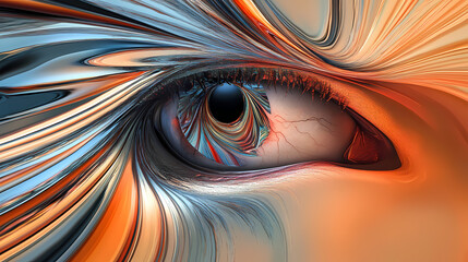 Digital abstraction reveals intricate details of a human eye in a futuristic setting. Distortion and Abstraction. Illustration