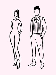 Girl and guy, freehand drawing style.