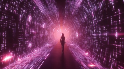 Woman walking through a digital tunnel made of glowing pink binary code matrix