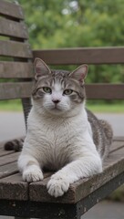 Cute tabby cat lounging on rustic wooden bench