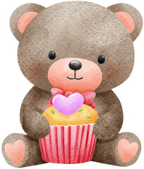 Adorable watercolor illustration of a baby teddy bear sitting and holding a heart-topped cupcake. Perfect for Valentine's Day, sweet-themed designs, and greeting cards