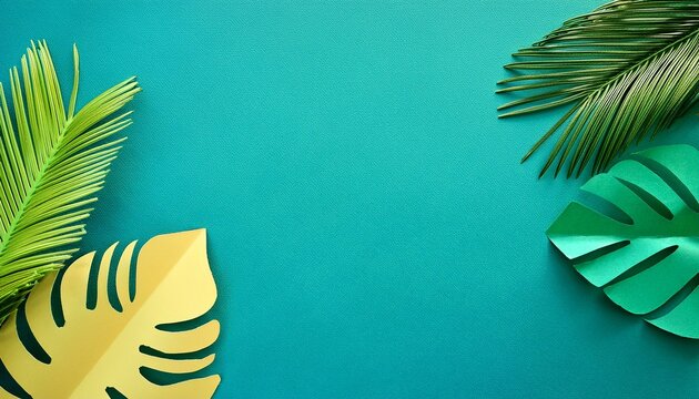 pical summer background with colorful paper cut tropical leaves and palm tree branches on a bright green blue color surface flat lay top view copy space mockup vibrant color scheme