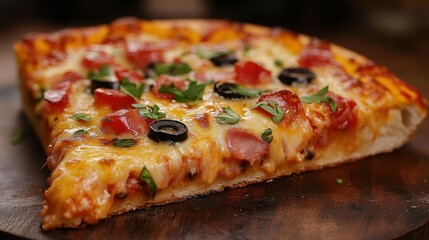 Pizza slice, close-up of cheesy pizza slice with toppings, rustic wooden table