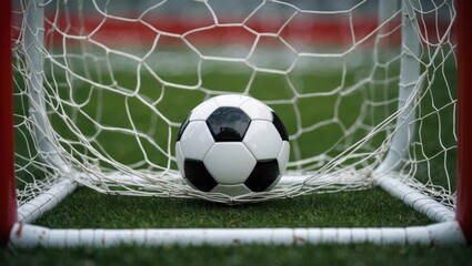 Fototapeta premium soccer ball in the net of a goal. The ball is black and white and is in the center of the image. The net is made of white netting and is set up on a green grass field. 