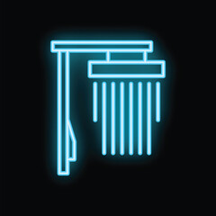 Blue neon sign depicting a shower stall glowing on a black background