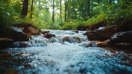 River flowing through forest, close-up of water over rocks, dense forest backdrop
