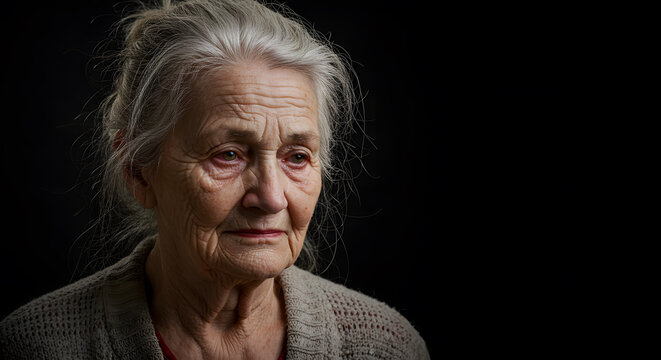 Portrait of a pensive elderly woman against a dark background, showcasing her weathered face and thoughtful expression. A poignant image capturing the wisdom and serenity of age. - Powered by Adobe
