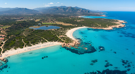 Fototapeta premium Aerial View of Sardinia's Stunning Coastline: Turquoise Waters, White Sands, and Lush Vegetation