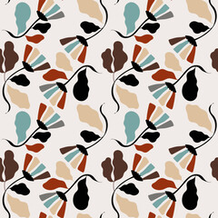 Seamless floral pattern with abstract organic shapes in brown, red, yellow, blue and black.Perfect for
fabric design, packaging and branding projects,
art prints, wallpaper and wrapping paper.