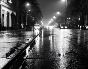 Naklejka premium a black and white photo of a wet street with blurry lights