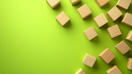 Wooden blocks scattered on a vibrant green background.