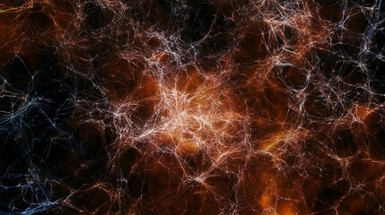Abstract network of light threads against a dark orange and black background