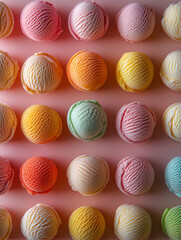 Colorful ice cream scoops arranged in rows on a pink surface.