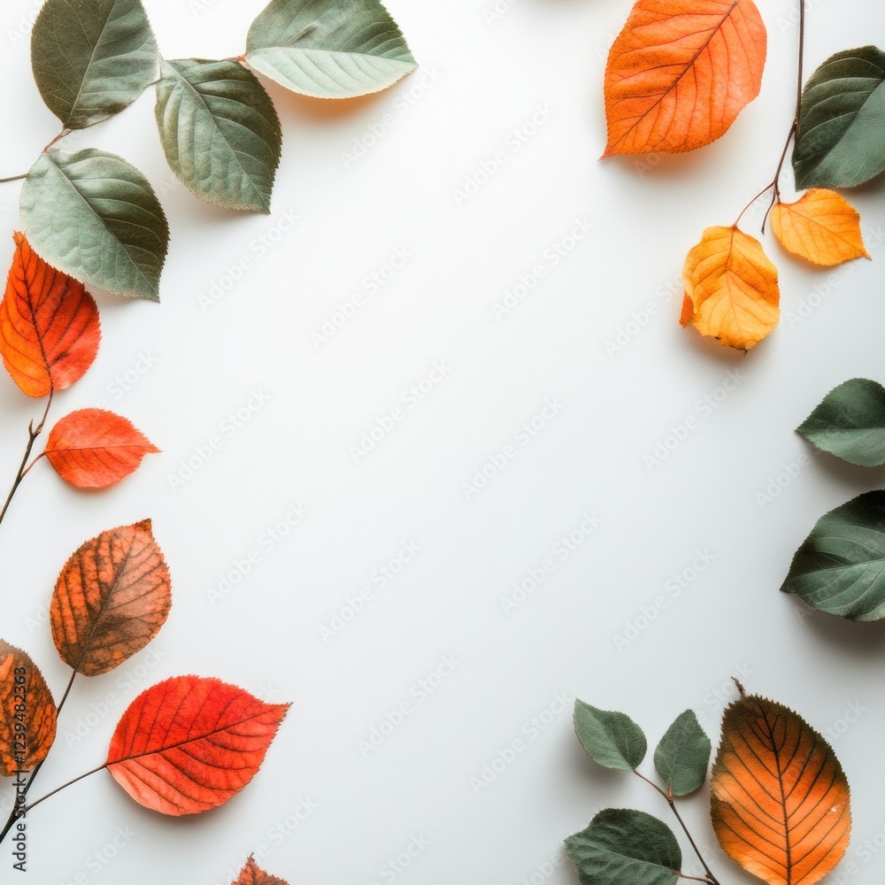 Poster Colorful autumn leaves arranged on a white background create a vibrant and seasonal display suitable for creative projects. Generative AI