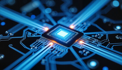 Magnified photonic integrated circuit glowing with blue light, technology